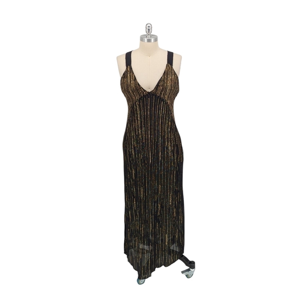 01416 Zara Striped Sequins Midi Dress Black Gold Size Medium party flapper glam